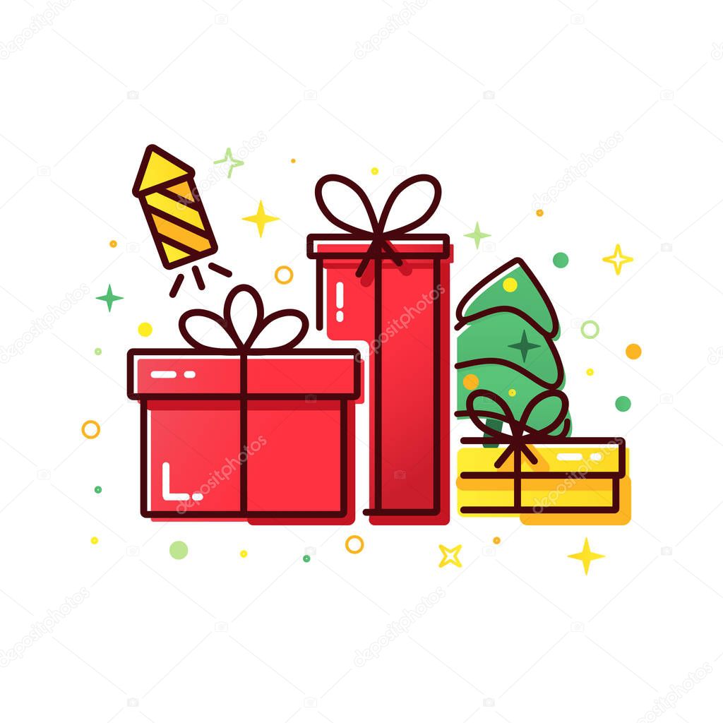 Vector banner for web with a red gift boxes, Christmas tree, confetti and fireworks, modern concept for wish list.