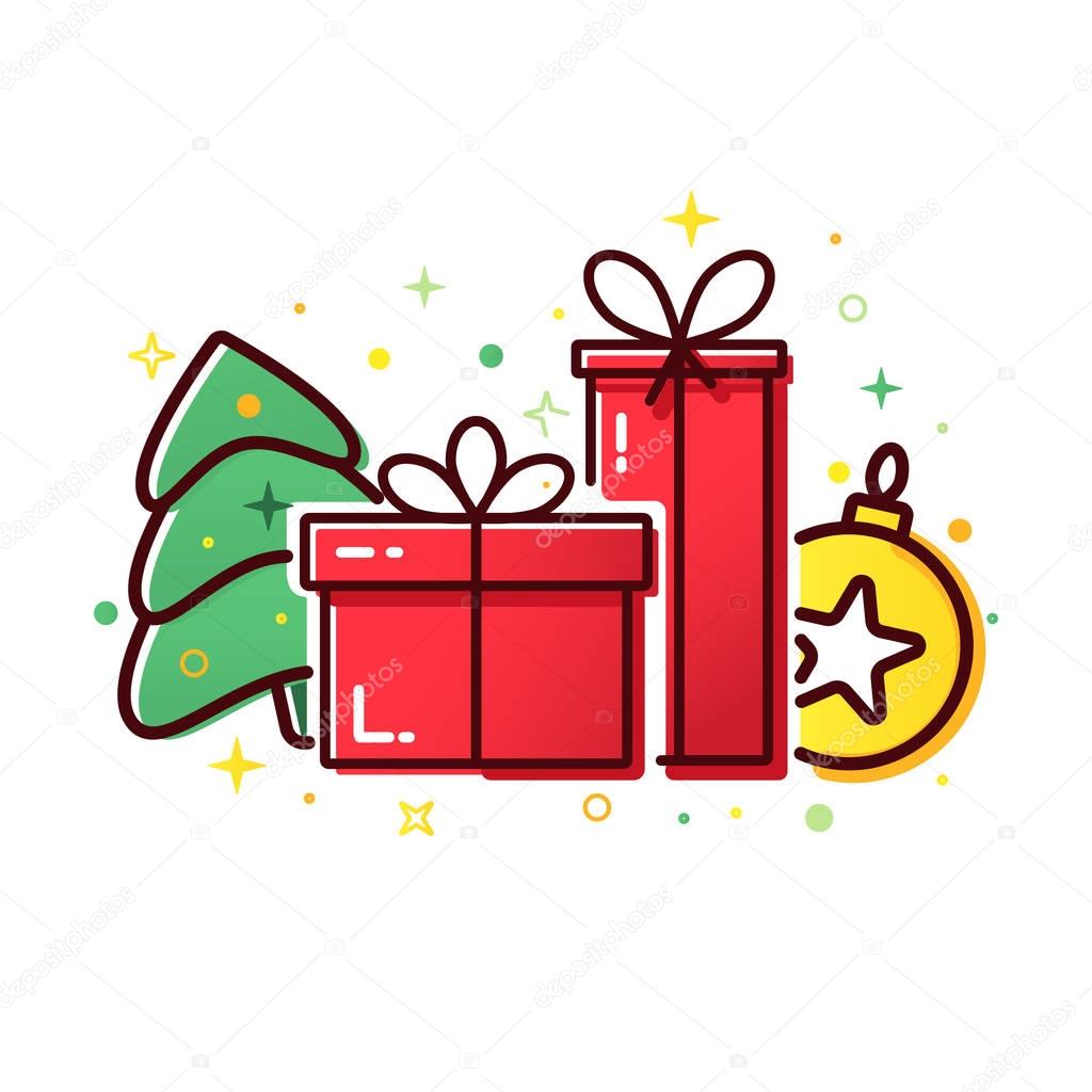 Vector red Christmas gift boxes, Christmas ball and fireworks, isolated on white background, modern concept for wish list.
