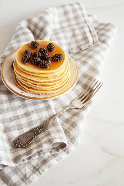 Stack Sweet Pancakes Fir Cone Jam White Background — Stock Photo, Image