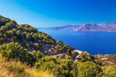 D81 yolunun çarpıcı manzarası, Korsika, Fransa