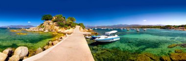Corsica Adası palmiye ağaçları, tourquise temiz su ve yat