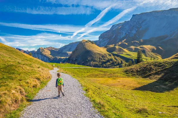 在阿尔卑斯山徒步旅行的小男孩 — 图库照片