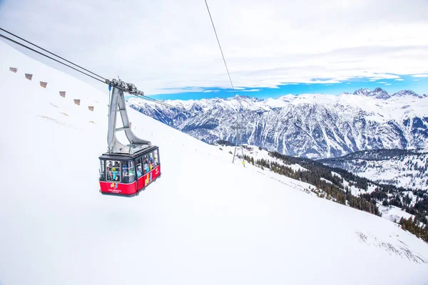 Skiers in cable car — Stock Photo, Image
