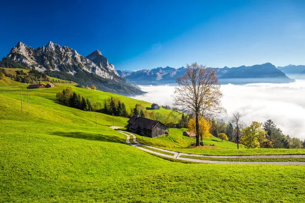 Nebbia che circonda Grosser e Kleiner Mythen nelle Alpi svizzere — Foto Stock