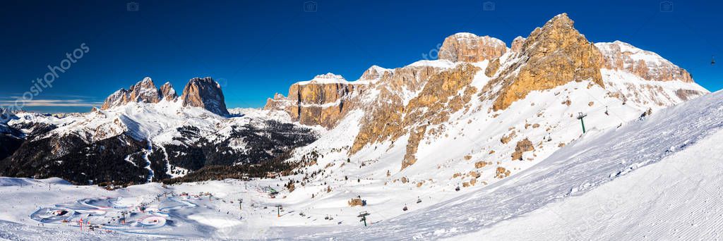 Dolomity superski mountain resort with torri del sella, piz boe and sella ronda, Canazei, Italy, Europe.  