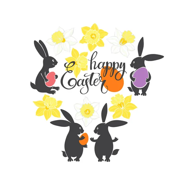 Easter Bunnies ve Nergis — Stok Vektör