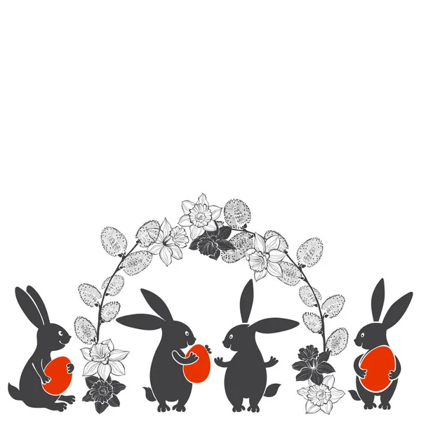 Conejitos de Pascua, flores de primavera narcisos — Vector de stock