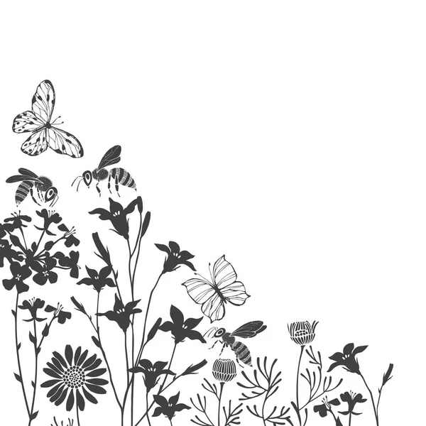 Fondo con flores del prado, mariposas y abejas — Vector de stock