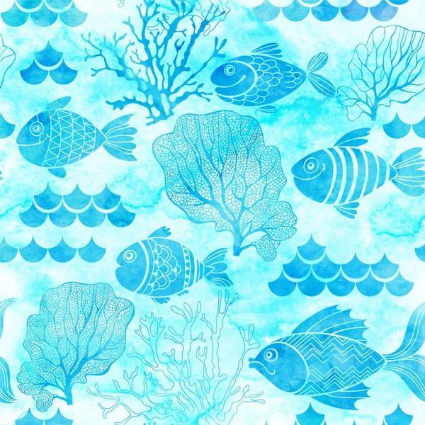魚と水彩のパターン — ストック写真