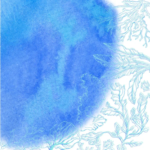 Zeewier op blauwe achtergrond van de aquarel — Stockvector