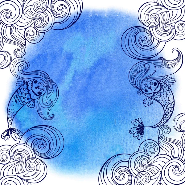 Γοργόνες και κύματα σε μπλε φόντο — Διανυσματικό Αρχείο