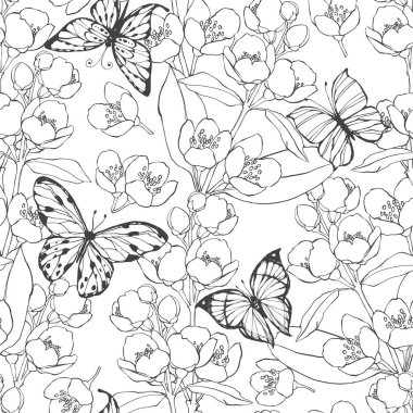 Yasemin ve kelebekler çiçek dalları 