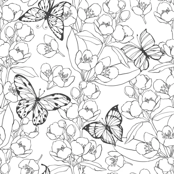 Ramas florecientes de jazmín y mariposas — Archivo Imágenes Vectoriales