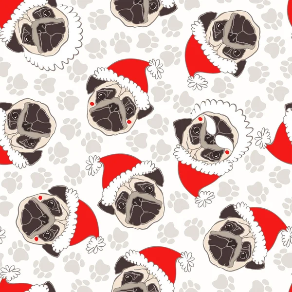 Pug-köpekler Noel Baba'nın şapka ve izlemeler.