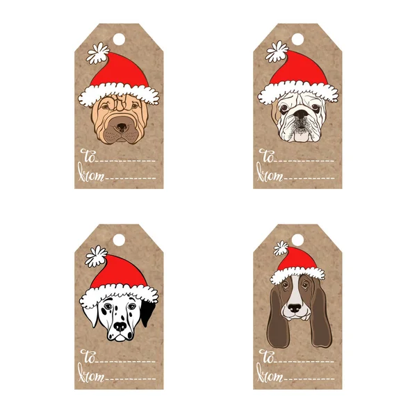 Étiquettes avec des chiens dans chapeaux de Père Noël — Image vectorielle