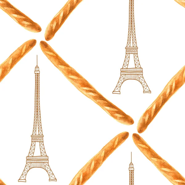 Patrón Acuarela Sin Costuras Con Baguettes Franceses Torre Eiffel —  Fotos de Stock