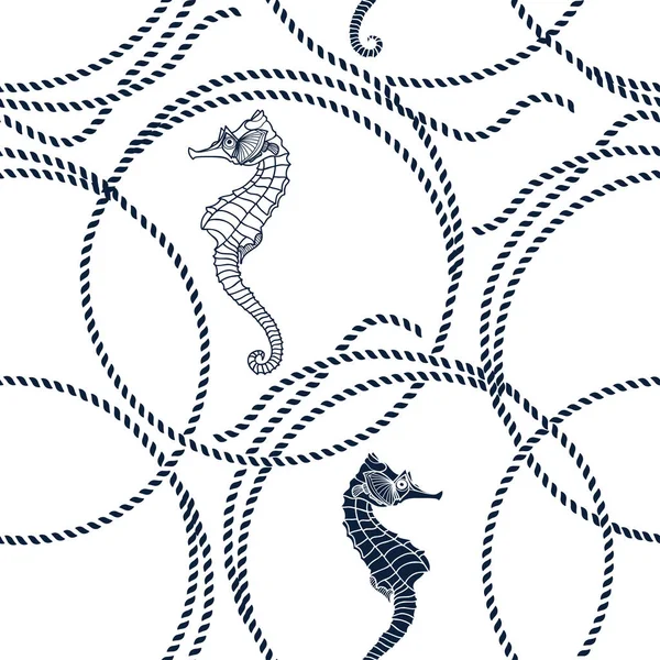 Nahtloses Muster Mit Seepferdchen Und Meeresseilen Vektorillustration — Stockvektor