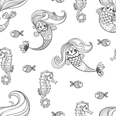 Denizaltı dünya. Deniz kızları ve denizatı ile Seamless Modeli.