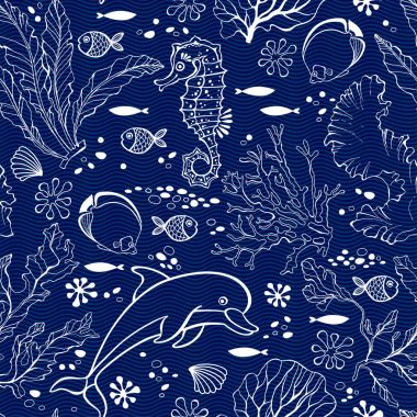 Sualtı dünyasını. Denizatı, Yunus ve bitkiler ile Seamless Modeli