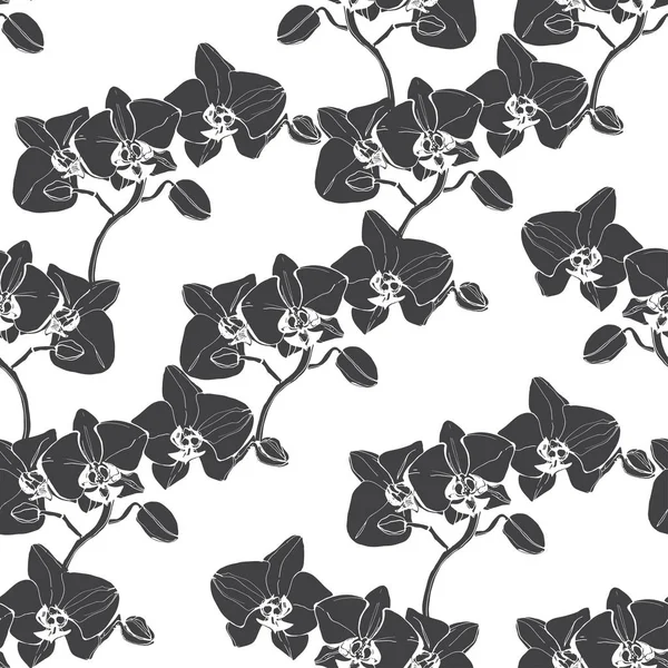 Patrón Sin Costura Floral Con Orquídeas Ilustración Vectorial Blanco Negro — Archivo Imágenes Vectoriales