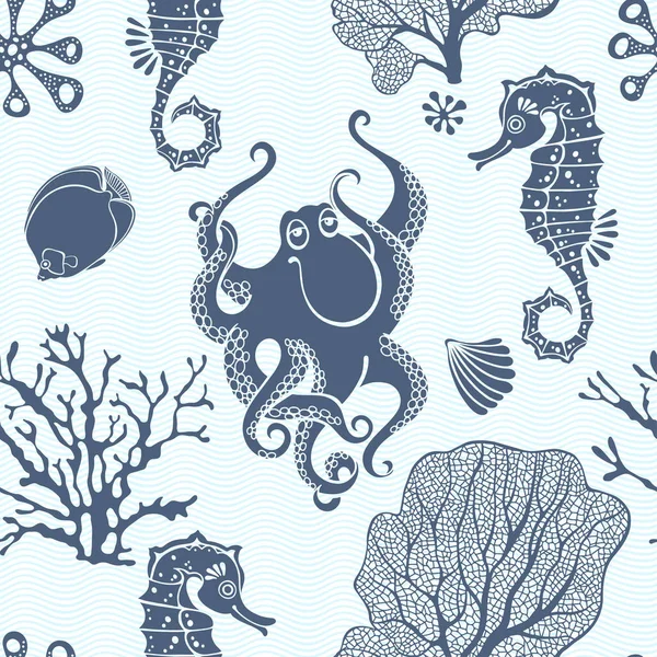 Подводный Мир Бесшовный Рисунок Морскими Коньками Осьминогами Растениями — стоковый вектор