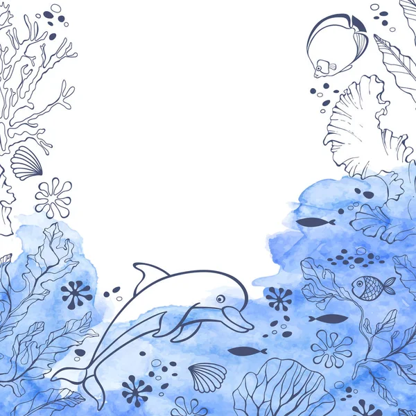 Meereshintergrund Mit Delphinen Und Pflanzen Vektorillustration — Stockvektor