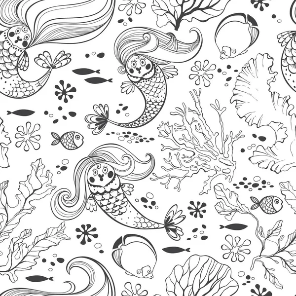 海底世界 与美人鱼无缝模式 黑白相间 — 图库矢量图片