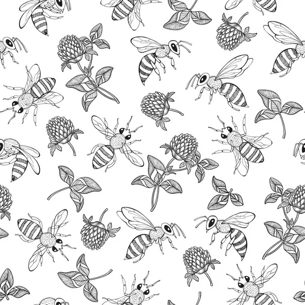 Τριφύλλι Και Μέλισσες Άσπρο Φόντο Χωρίς Ραφή Πρότυπο — Διανυσματικό Αρχείο