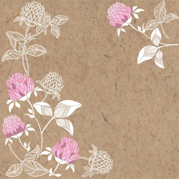 Fond Floral Avec Trèfle Sur Papier Brun Texture — Image vectorielle