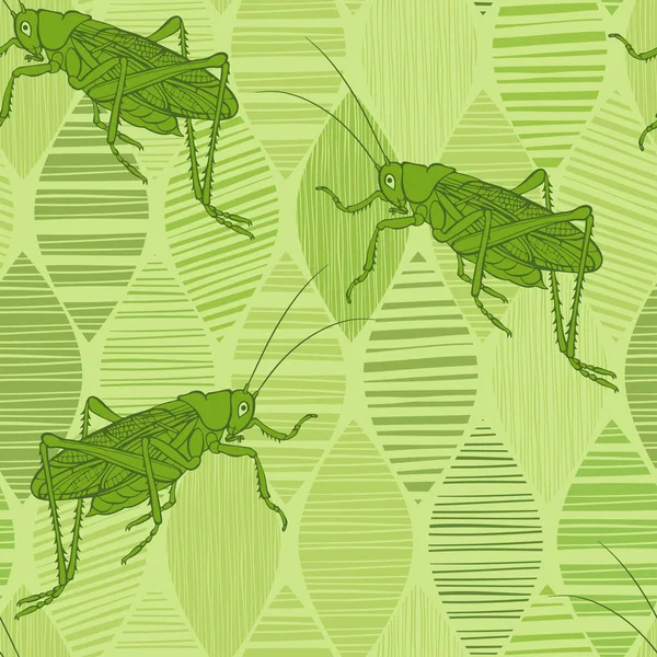 Grasshoppers Green Leaves Seamless Vector Pattern — Stock Vector