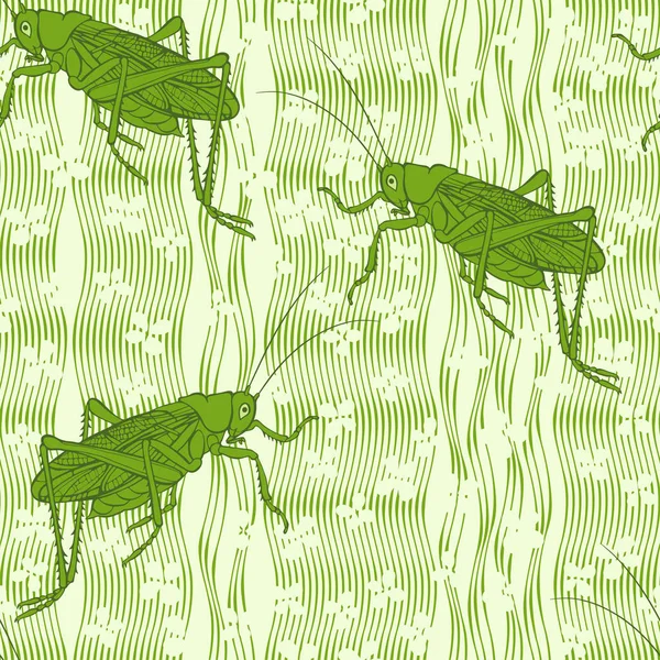 Grasshoppers Grama Verde Flores Padrão Vetorial Sem Costura — Vetor de Stock