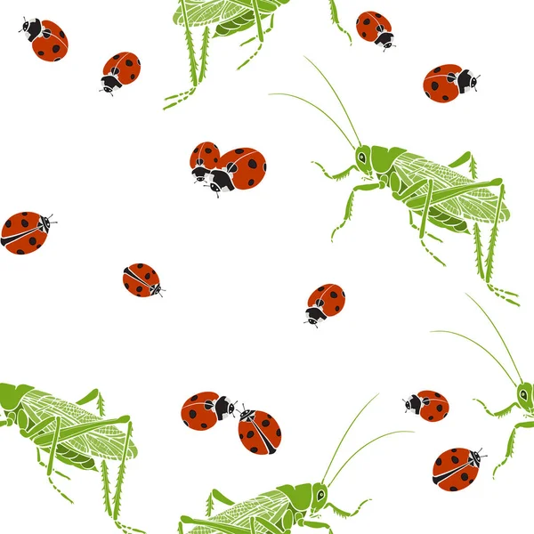 Grasshoppers Ladybugs White Background Seamless Vector Pattern — Stock Vector