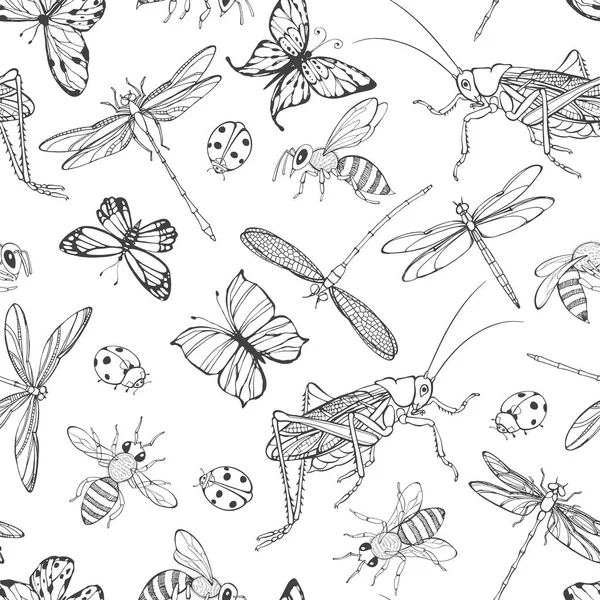 Insectes Fond Vectoriel Sans Couture Avec Coccinelles Abeilles Papillons Libellules — Image vectorielle