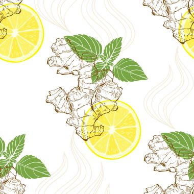 Zencefil, limon ve nane. Beyaz arka planda, vektör çizim seamless modeli