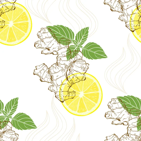 Zenzero Limone Menta Piperita Modello Senza Cuciture Sfondo Bianco Illustrazione — Vettoriale Stock