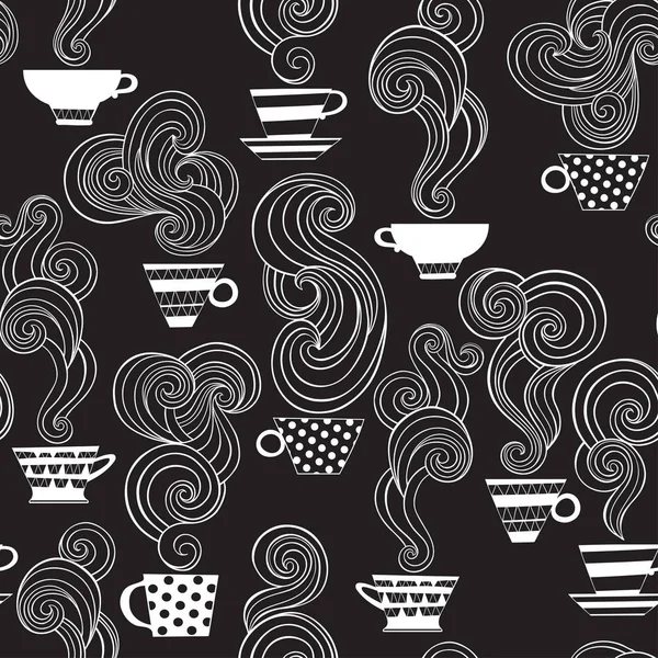 Seamless Pattern Tea Cups Black Background Vector Illustration — Stock Vector