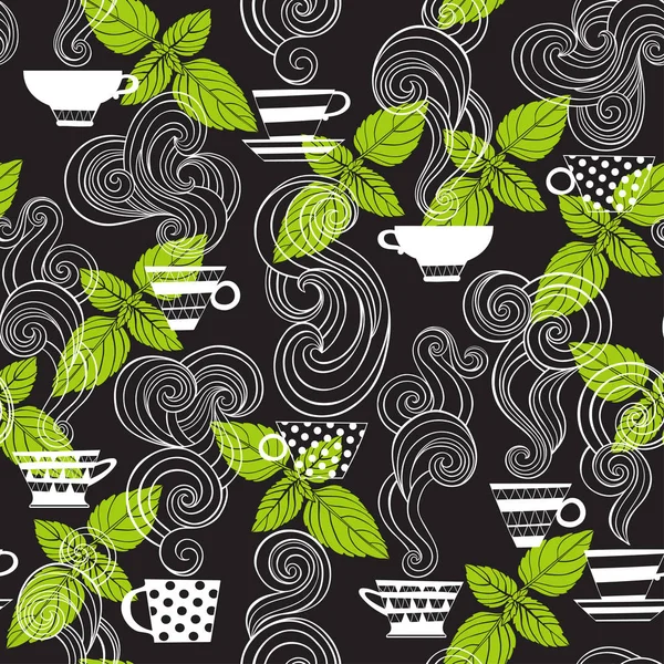 Tea Mint Seamless Pattern Black Background Vector Illustration — Stock Vector