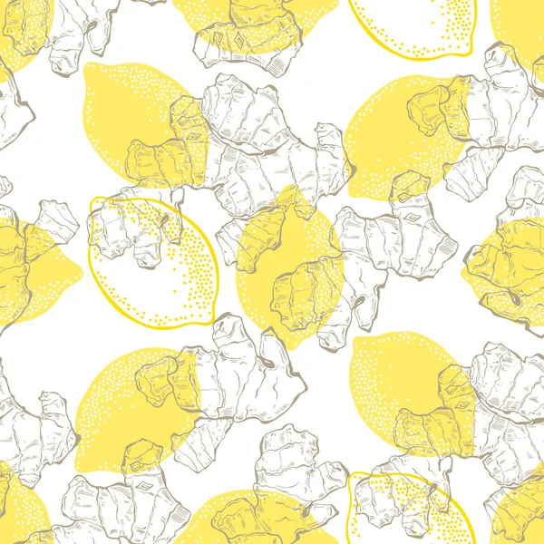 白色背景的生姜和黄色柠檬的无缝图案 矢量插图 — 图库矢量图片