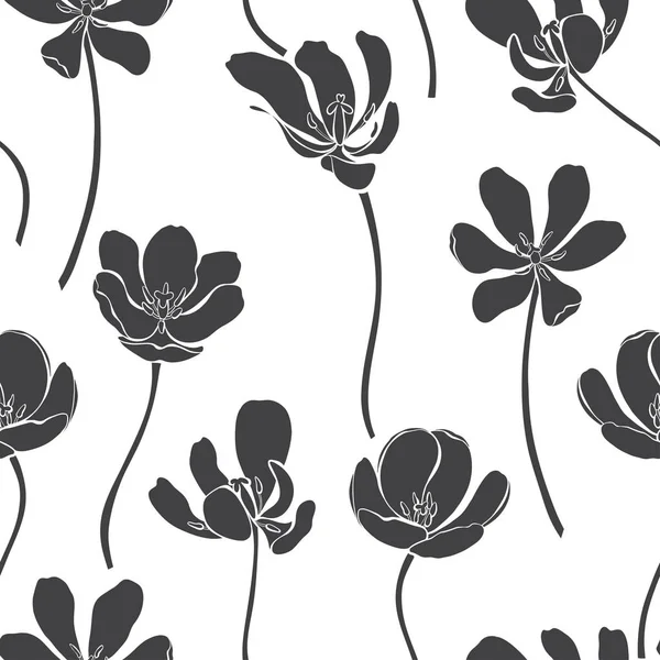 Modello Floreale Senza Cuciture Con Tulipani Illustrazione Vettoriale Bianco Nero — Vettoriale Stock