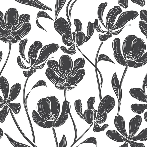 チューリップの花のシームレスなパターン 黒と白のベクトル図 — ストックベクタ