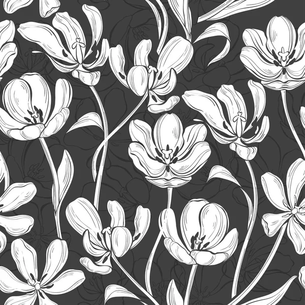 Цветочный бесшовный рисунок с тюльпанами. Монохромная векторная иллюстрация — стоковый вектор