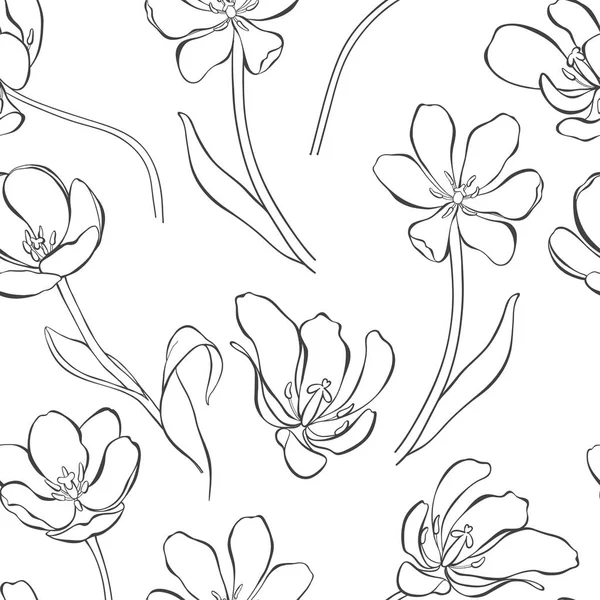 花卉无缝图案与郁金香 黑白矢量插图 — 图库矢量图片