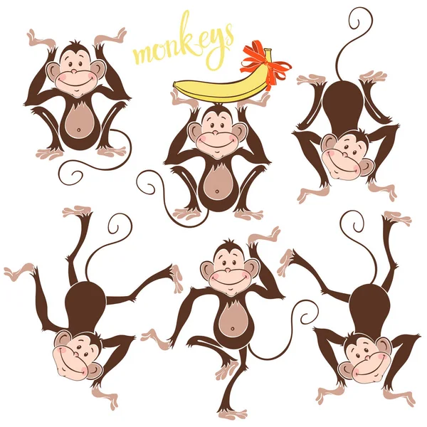 Macacos Engraçados Isolados Ilustração Vetorial Seis Caracteres — Vetor de Stock