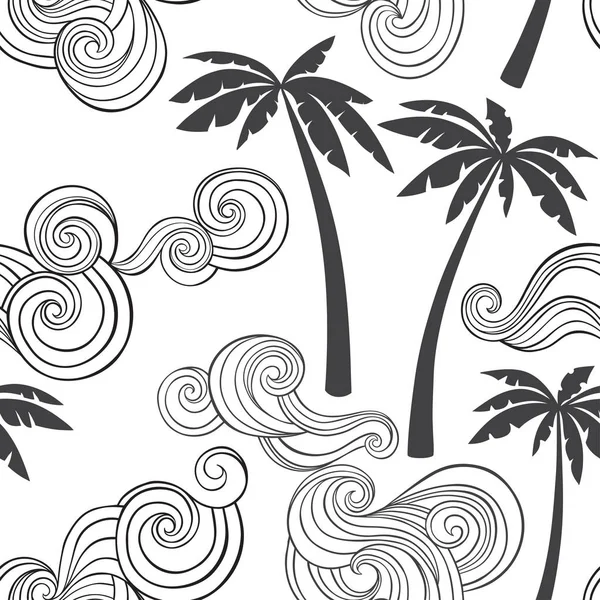 Patrón Sin Costuras Verano Con Palmeras Tropicales Olas Monocromo — Vector de stock