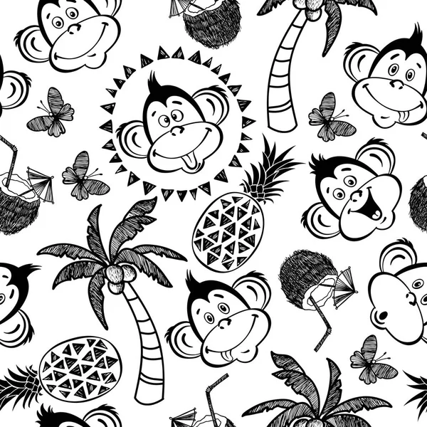 Sorunsuz Vektör Desen Sevimli Maymun Palmiye Ağaçları Ananas — Stok Vektör