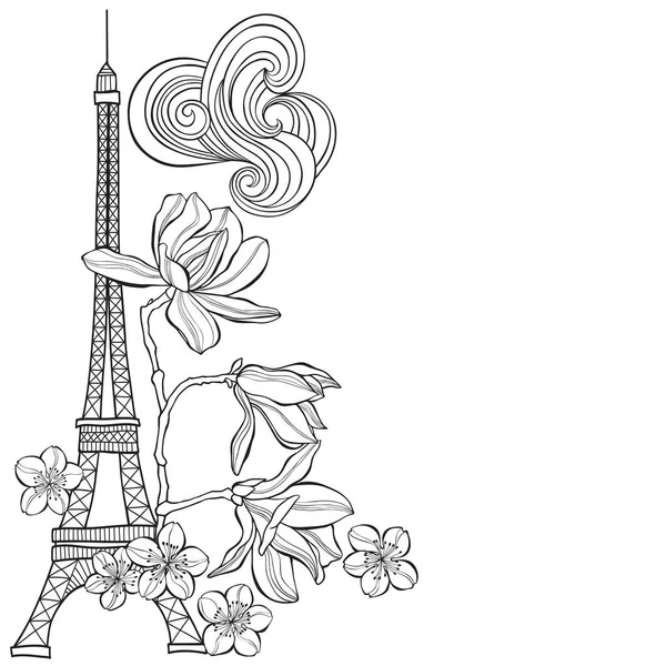 手绘埃菲尔铁塔 玉兰和樱花白色背景 — 图库矢量图片