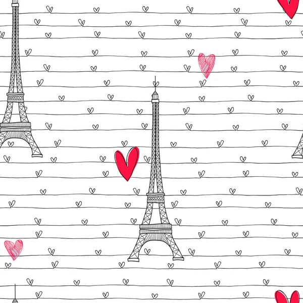 Modello Senza Cuciture Con Torre Eiffel Cuori Sfondo Bianco — Vettoriale Stock