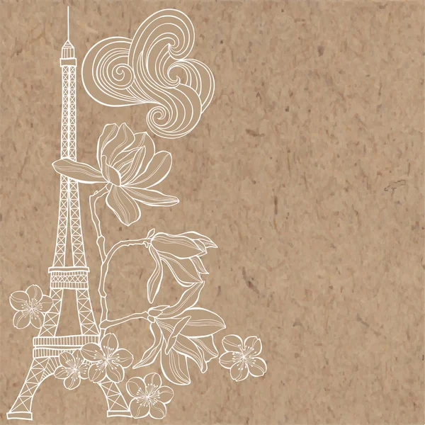 Handen Ritade Eiffeltornet Magnolia Och Sakura Craft Papper Bakgrund — Stock vektor
