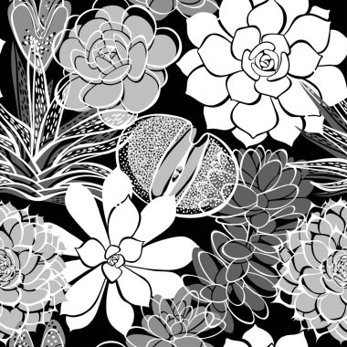 Siyah arka plan üzerine succulents ile Seamless Modeli