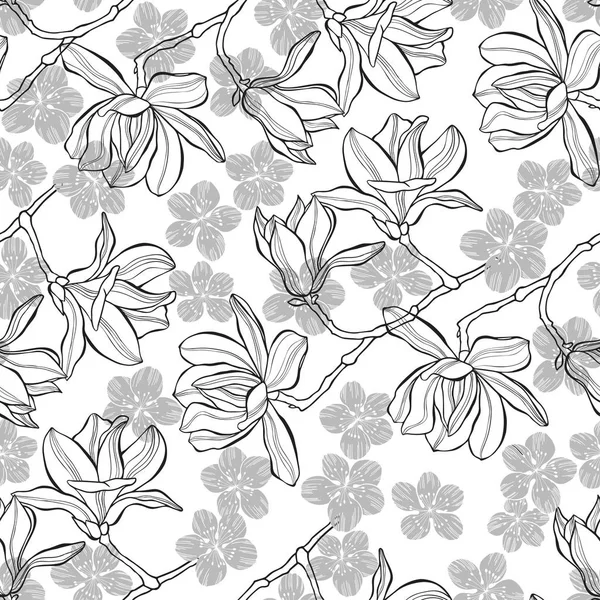 Naadloze Patroon Met Magnolia Sakura Witte Achtergrond — Stockvector